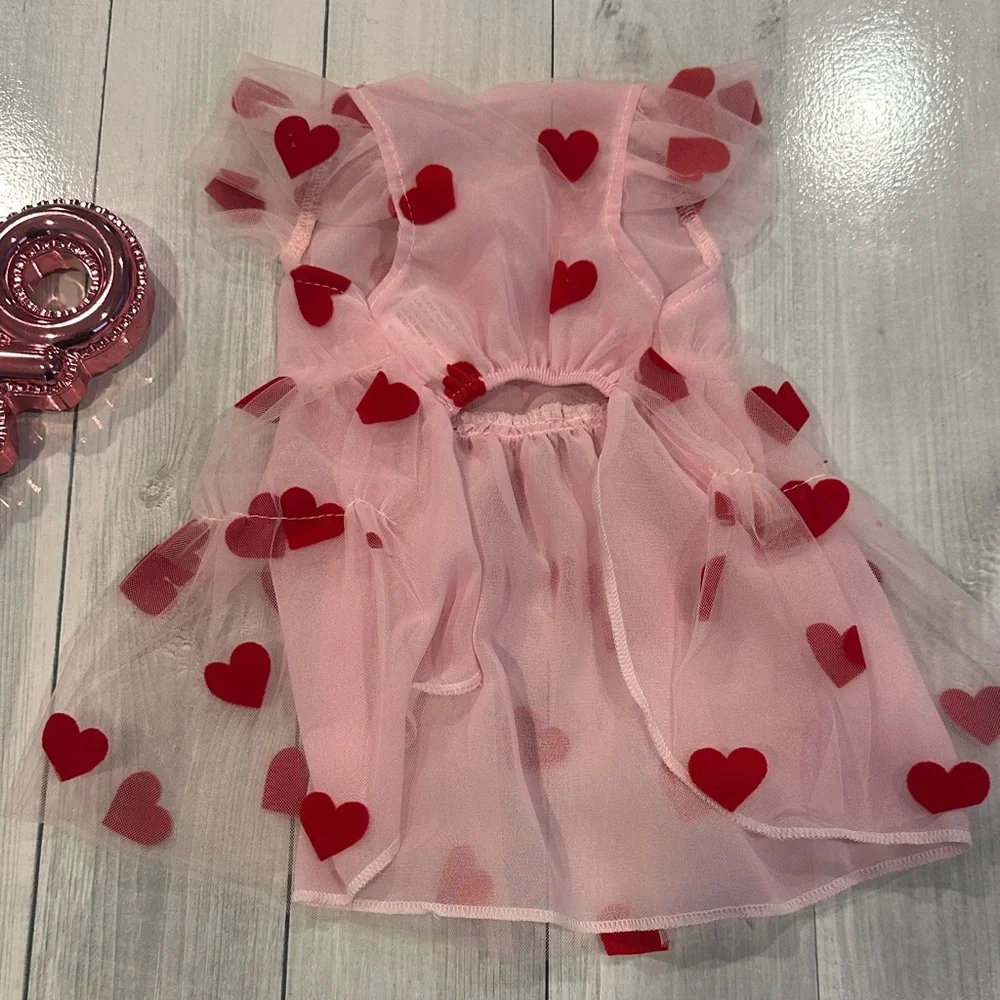 Pink Tulle Dog Dress with Red Hearts - Cute Pet Party Dress